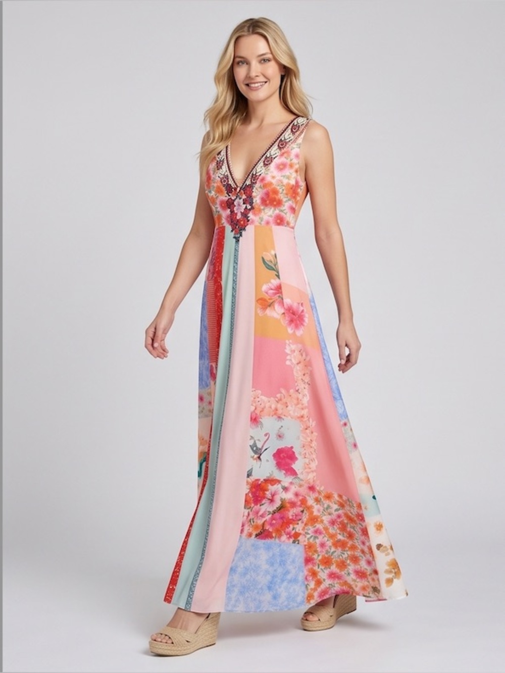 Boho Patchwork Floral V-Neck Maxi Resort Dress - Picture 3 of 7
